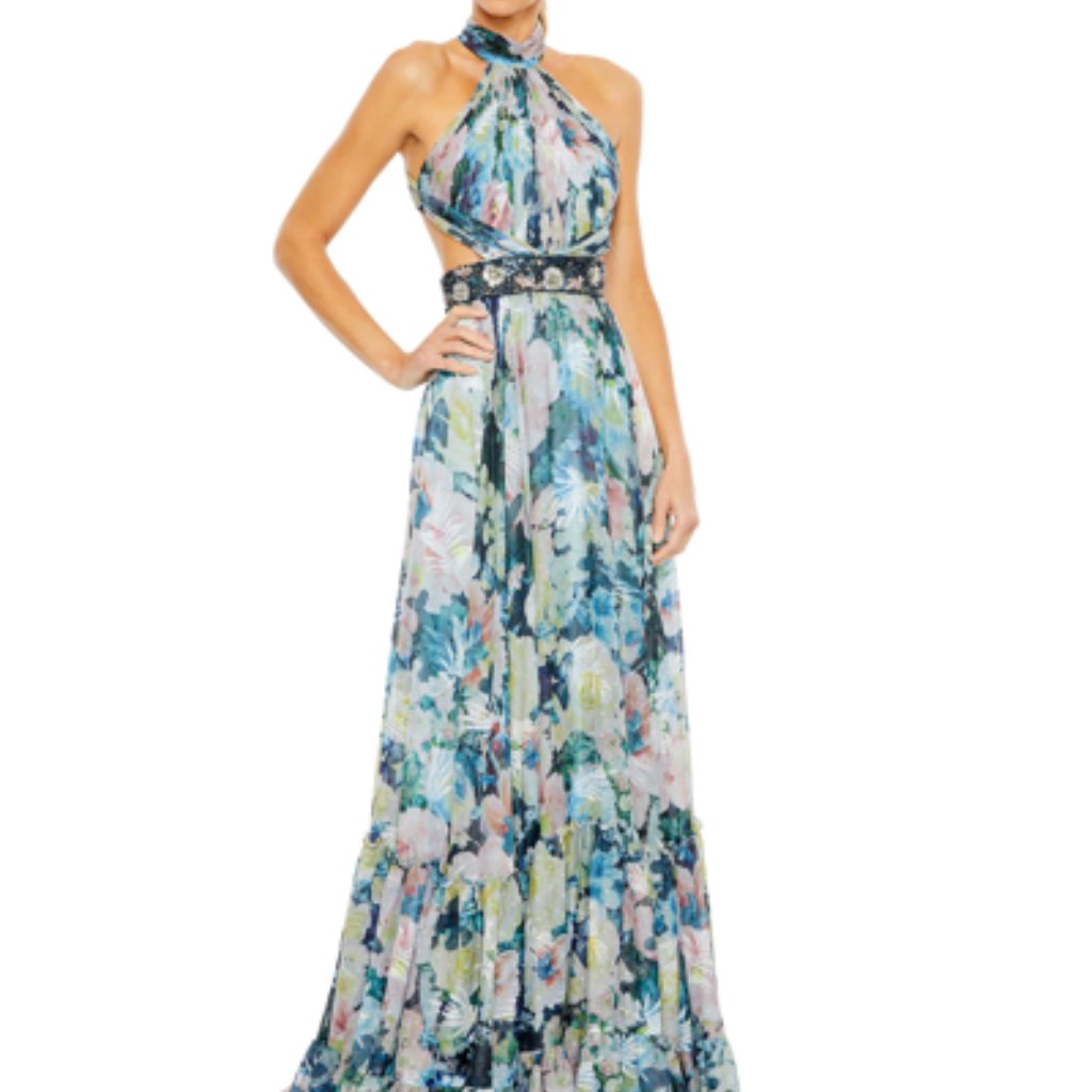 Nwt Ieena For Mac Duggal Floral Halter A Line Gown Cutouts Dress 8